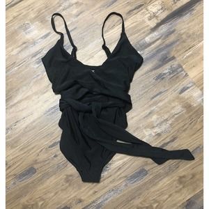 Aerie Full Coverage Black One Piece Wrap Swimsuit Women’s Size Large
